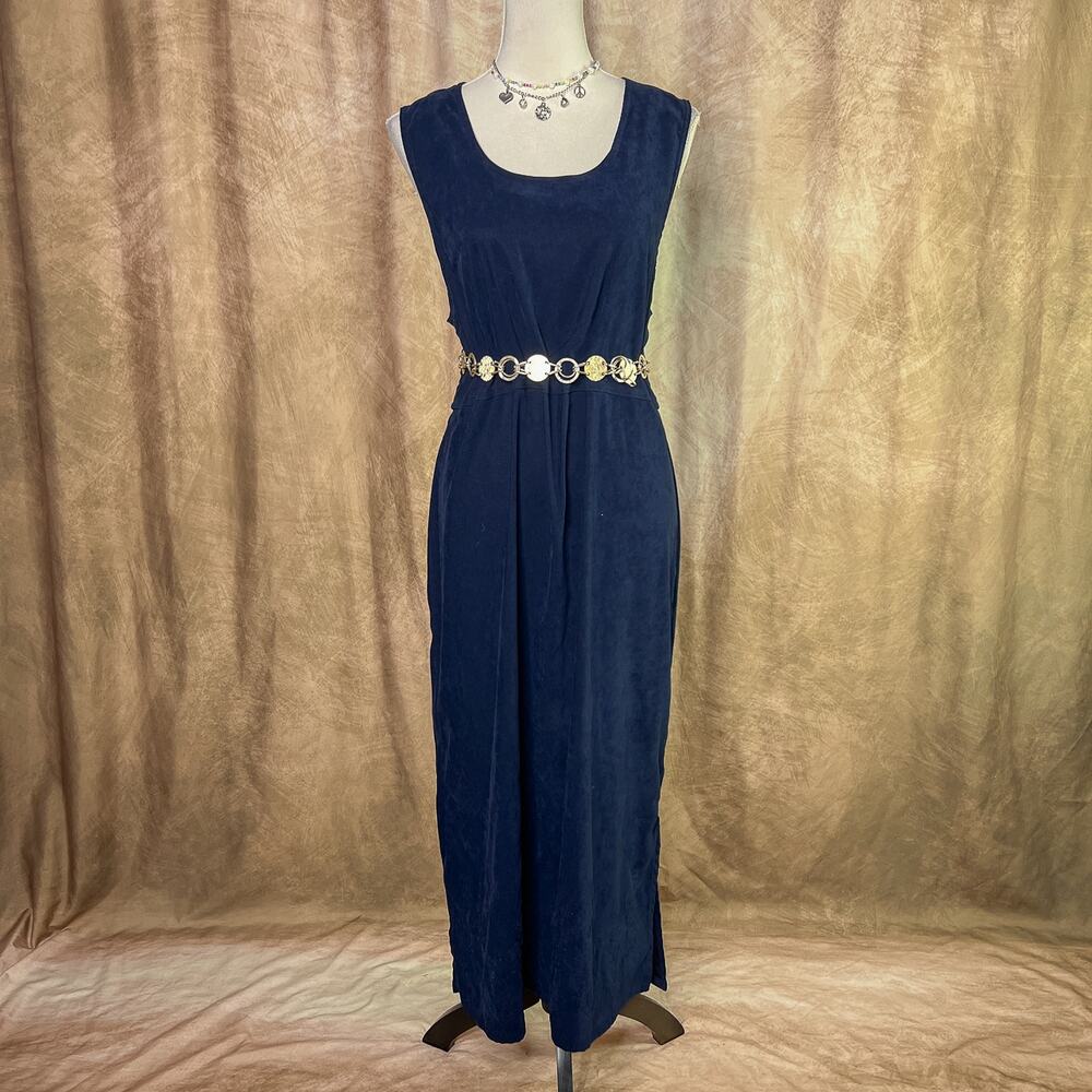 Vintage Maxi Dress 90s Floral Embroidered Soft Shell Navy Blue Sleeveless Boho